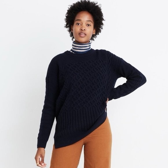 Madewell Sweaters - Madewell NWOT Patchwork Cableknit Tunic Crewneck‎ Navy Sweater Size Medium